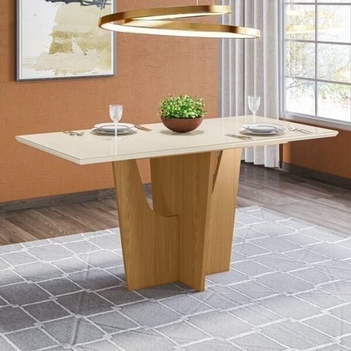 Mesa de Jantar Vértice 160 cm com Tampo de Vidro - Nature/Off White