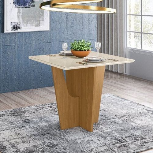 Mesa de Jantar Vértice 90 cm com Tampo de Vidro - Nature/Off White