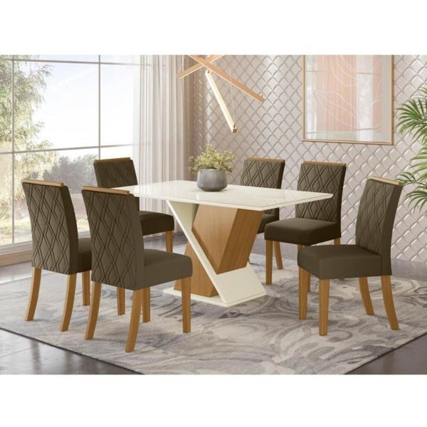 Mesa de Jantar Solus c/ 6 Cadeiras Vita Nature/Off White/Marrom Claro