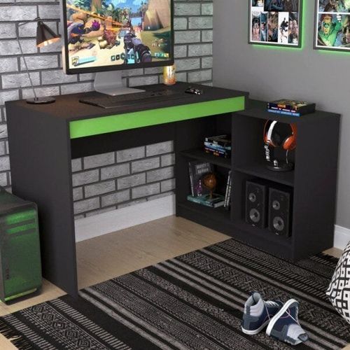 Mesa Escrivaninha Gamer com 4 Nichos B24 - Preto/Verde