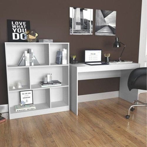 Conjunto 2 Peças com Escrivaninha e Estante 6 Nichos B28 Branco