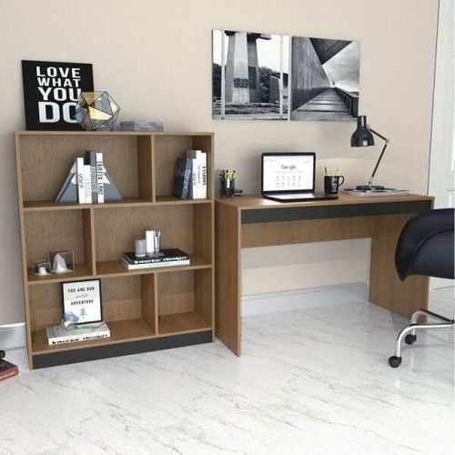 Conjunto 2 Peças com Escrivaninha e Estante 6 Nichos B28 Mel/Preto