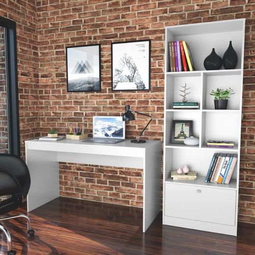 Conjunto 2 Peças com Escrivaninha e Estante Livreiro 6 Nichos 1 Porta B30 Branco Branco