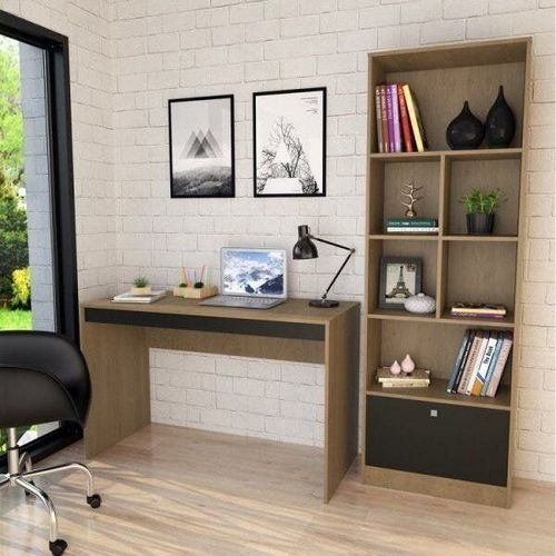 Conjunto 2 Peças com Escrivaninha e Estante Livreiro 6 Nichos 1 Porta B30 Mel/Preto