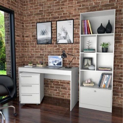 Conjunto 3 Peças com 1 Escrivaninha, 1 Gaveteiro e 1 Estante Branco Branco