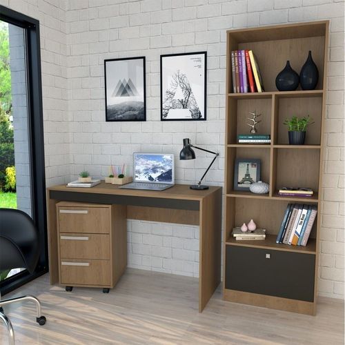 Conjunto 3 Peças com 1 Escrivaninha, 1 Gaveteiro e 1 Estante Preto/Mel