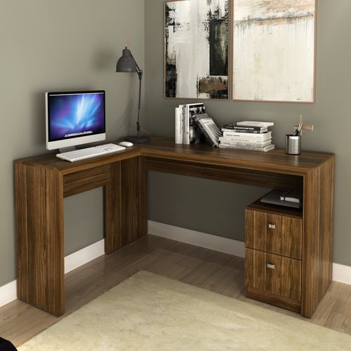 Mesa de Escritório em L com 2 Gavetas - Nogal