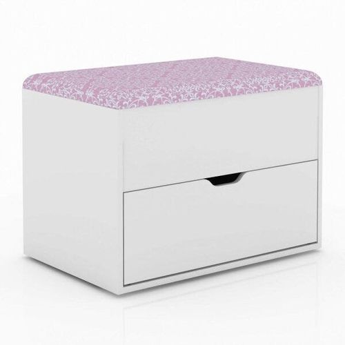 Puff Baú com 1 Gaveta - Branco/ Tecido Rosa
