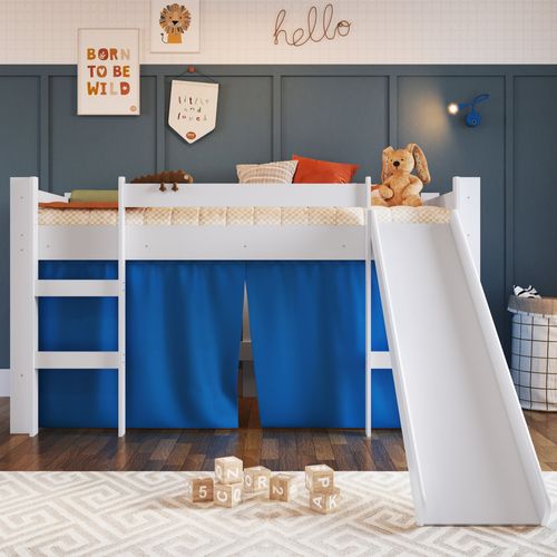 Cama Infantil com Escorregador e Cortina - Branco/Azul