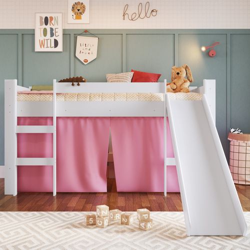 Cama Infantil Elevada com Escorregador e Cortina Branco/Rosa Branco/Rosa