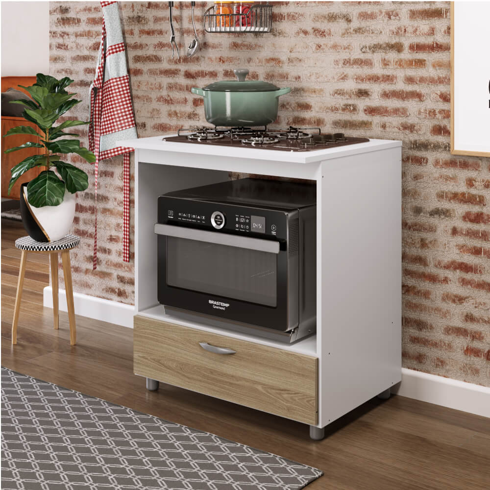 Balcão para Cooktop com 4 Bocas e Forno Branco/Carvalho CasaTema