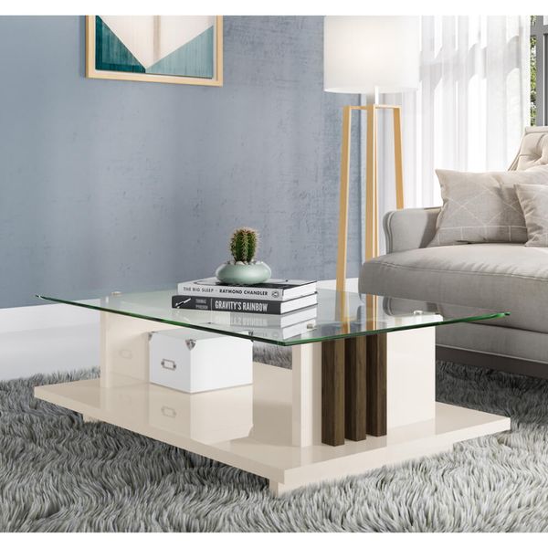 Mesa de Centro Frizz com Tampo de Vidro - Off White/Imbuia