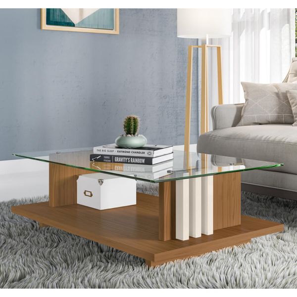 Mesa de Centro Frizz com Tampo de Vidro - Off White/Natural