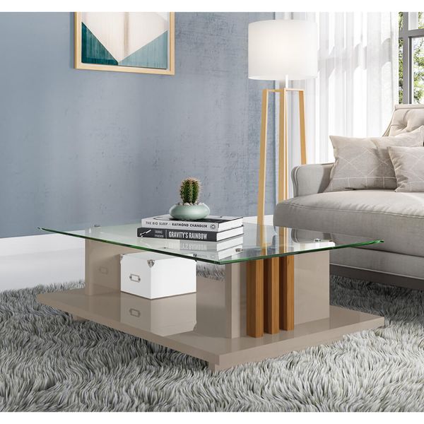 Mesa de Centro Frizz com Tampo de Vidro - Natural/Fendi
