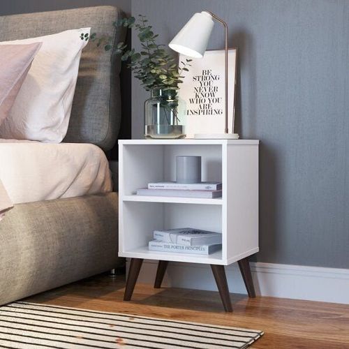 Mesa de Cabeceira Retrô com Prateleira Branco Branco