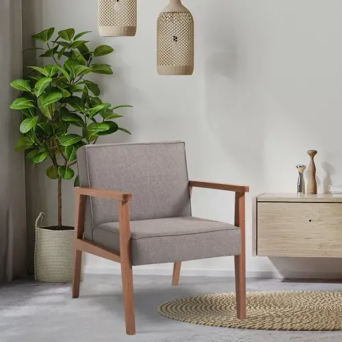 Poltrona Julia Estofada em Tecido Linho-Natural/Cinza Escuro