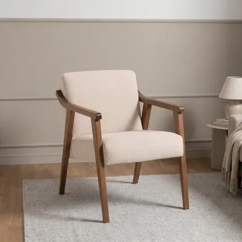 Poltrona Decorativa Flavia em Madeira Maciça Jequitibá e Algodão Bege Nogueira Acetinado/Algodão Bege Mescla
