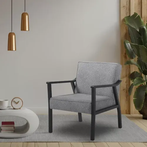 Poltrona Decorativa Madeira Maciça Jequitibá Assento com Persintas Elásticas Antônia Cinza Preto Preto