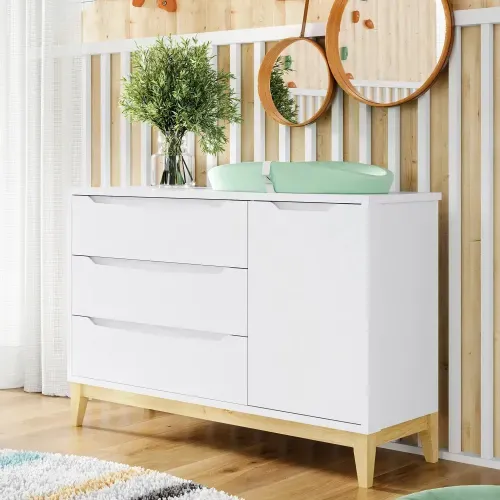 Cômoda Infantil Retrô Amor Perfeito com 1 Porta - Branco/Natural