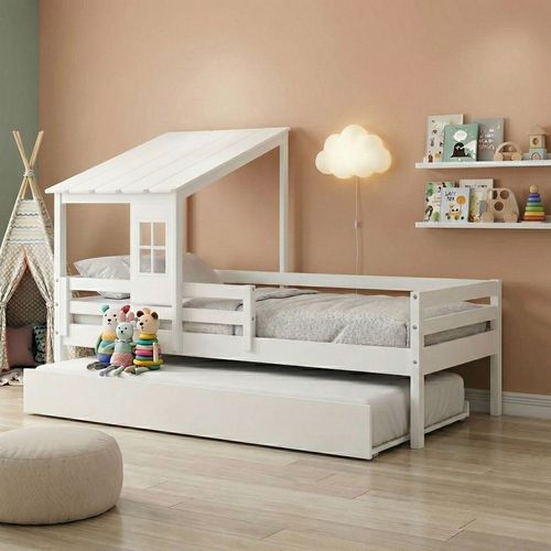 Bicama Solteiro Infantil com Telhadinho e Grade em Madeira Maciça Prime Casatema Branco
