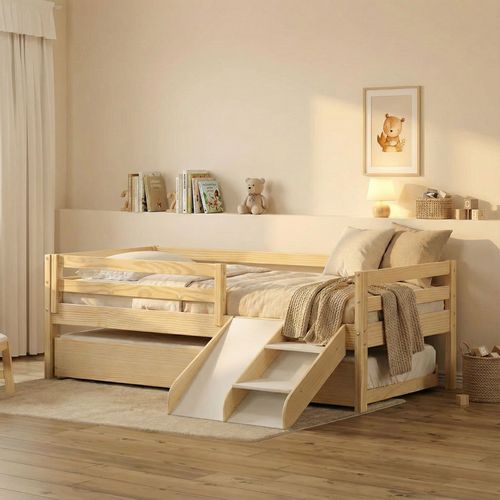 Bicama Solteiro Infantil Prime com Kit Escadinha e Escorrega Casatema Natural/Branco