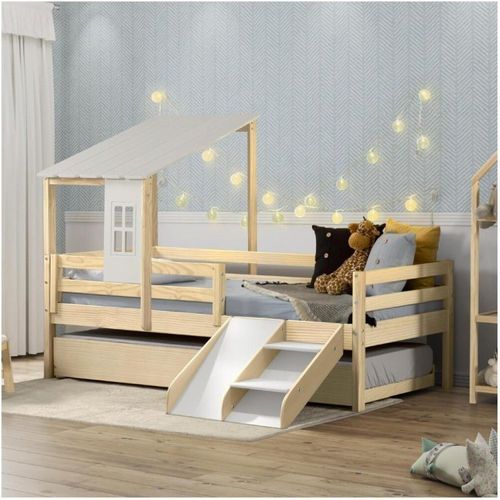 Bicama Solteiro Infantil Prime Telhadinho II e Escadinha/Escorrega Casatema Natural/Branco