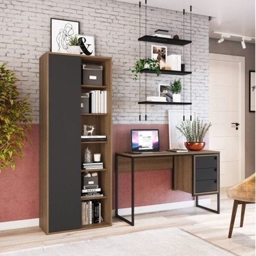 Conjunto 2 Peças com Estante Livreiro e Escrivaninha 3 Gavetas Grafite/Mel