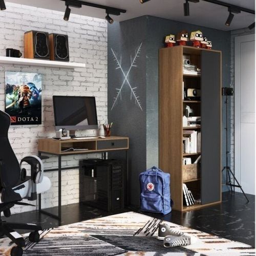 Conjunto Juvenil Industrial com Mesa e Estante com 6 Nichos - Mel/Grafite/Preto