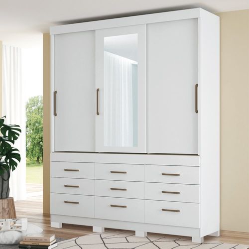 Guarda Roupa Casal 3 Portas de Correr 9 Gavetas Click com Espelho e Pés Branco