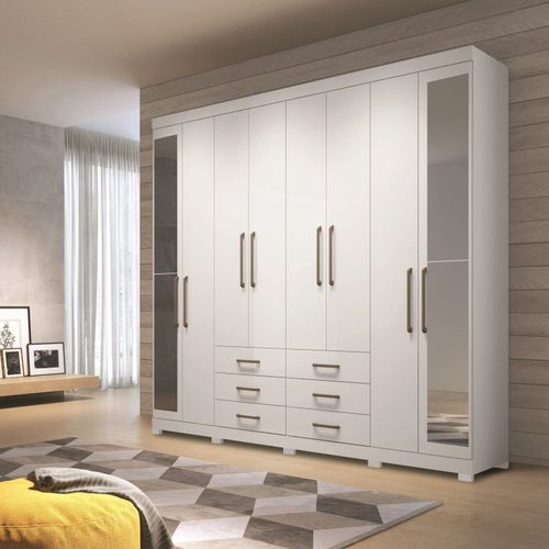 Guarda Roupa Casal com Espelho e Pés 8 Portas e 6 Gavetas Master Branco