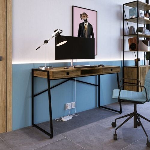 Escrivaninha Industrial com 2 Gavetas - Preto/Carvalho