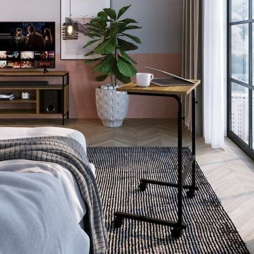 Mesa Lateral com Rodízio Steel Wood Placa e Ponto Marrom preto/noce oro