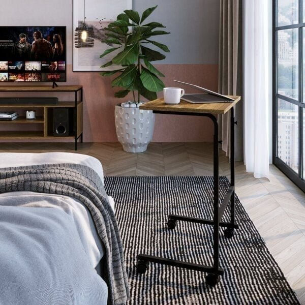 Mesa Lateral com Rodízio Steel Wood Placa e Ponto preto/noce oro