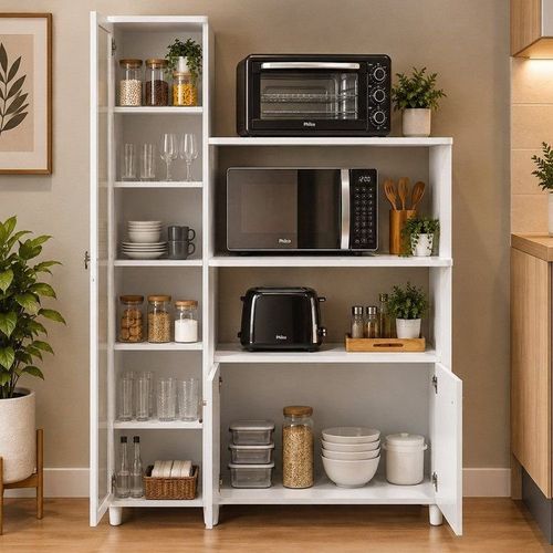 Balcão Multiuso para Forno e Micro-Ondas com 3 Portas e 4 Prateleira BL3304 Branco Branco