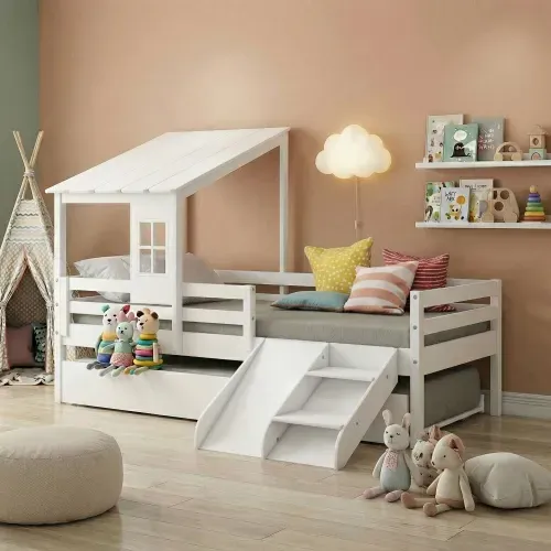 Bicama Solteiro Infantil Prime Telhadinho Ii e Escadinha/Escorrega Casatema Branco Branco