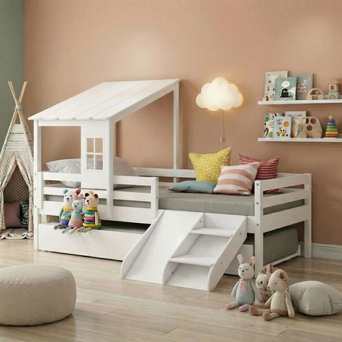 Bicama Solteiro Infantil Prime com Telhado II e Kit Escadinha Branco - Casatema