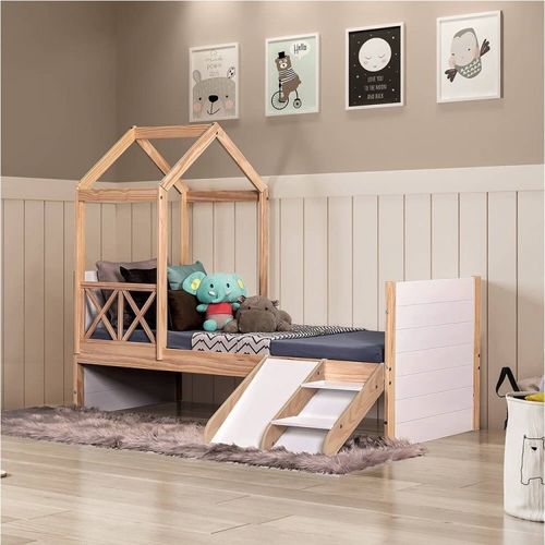 Cama Infantil Garden com Telhado Single e Kit Escadinha Natural/Branco - Casatema