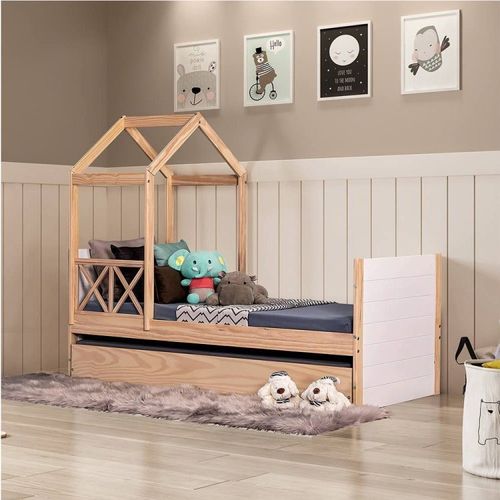 Bicama Solteiro Infantil Garden com Telhado Single e Grade de Proteção Natural/Branco - Casatema