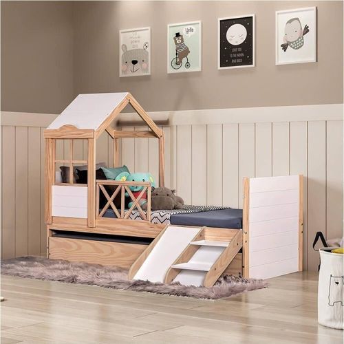 Bicama Solteiro Infantil Garden com Telhado Plus e Kit Escadinha Natural/Branco - Casatema
