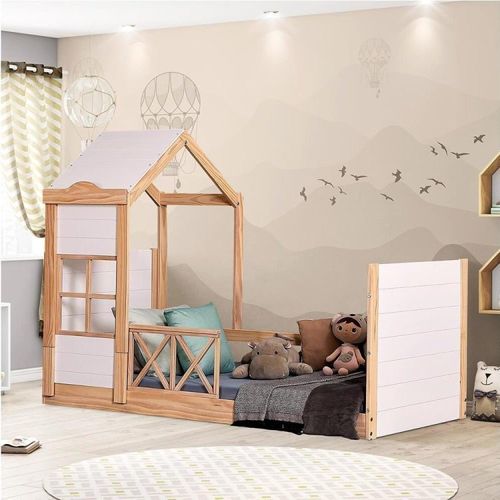 Cama Montessoriana Garden com Telhado Plus e Grade de Proteção Natural/Branco - Casatema