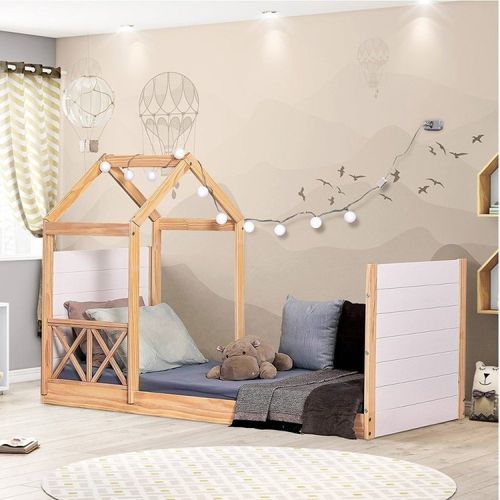 Cama Montessoriana Garden com Telhado Single e Grade de Proteção Natural/Branco - Casatema