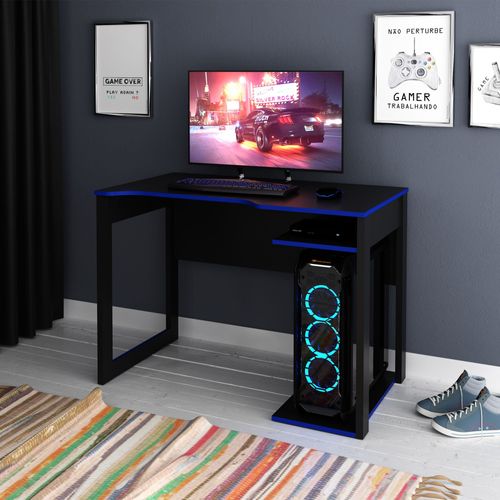 Mesa Gamer com e Porta Cpu ME4161 1 Prateleira 105cm Preto e Azul Preto/Azul