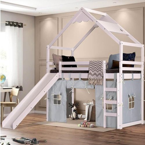 Cama Infantil Divertida Altura 125cm com Escorregador, Telhado Lua e Tenda Branco/Cinza - Casatema