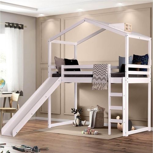 Cama Infantil Prime Alta II com Escorregador, Telhado Clarabóia Branco/Natural - Casatema