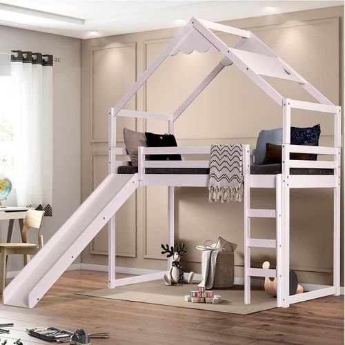Cama Infantil Prime Alta II com Escorregador, Telhado Lua Branco - Casatema