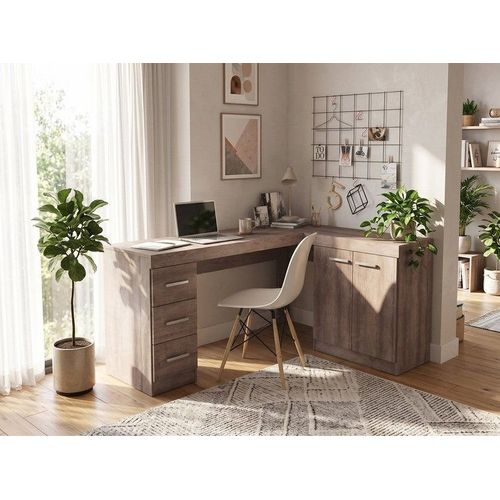 Escrivaninha Mesa para Escritório em L com 2 Portas e 3 Gavetas 156cm Rústico/Marrom Rústico