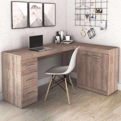 Mesa de Escritório em L com 3 Gavetas e 2 Portas - Rústico