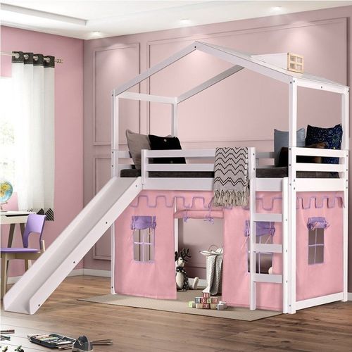 Cama Infantil Divertida Altura 125cm com Escorregador, Telhado Clarabóia e Tenda Casatema Branco/Rosa