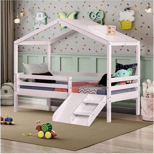 Cama Infantil Prime com Telhado Claraboia e Kit Escadinha Branco/Natural - Casatema