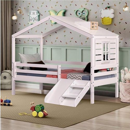 Cama Infantil Prime com Telhado Claraboia, Janela e Kit Escadinha Branco/Natural - Casatema